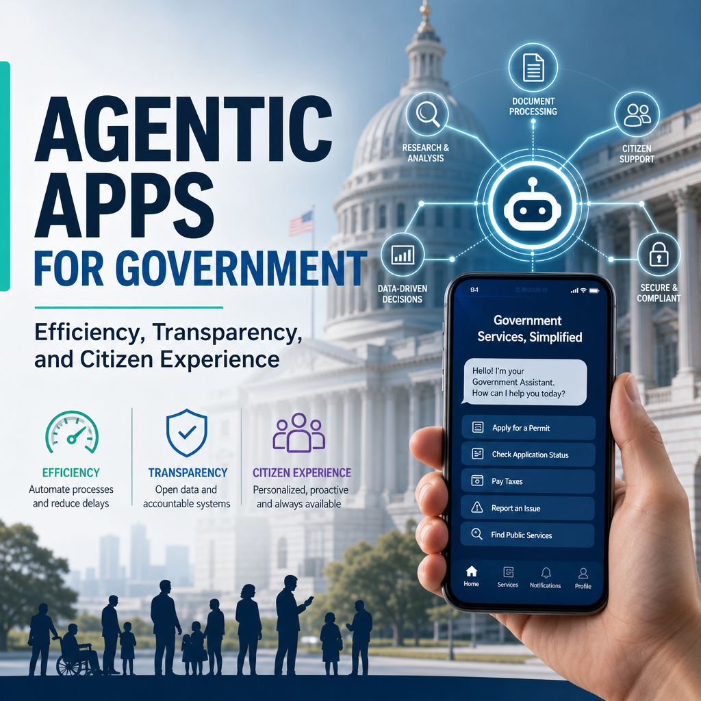 Smartphone showing a government service app promoting efficient, transparent, citizen-focused agentic apps