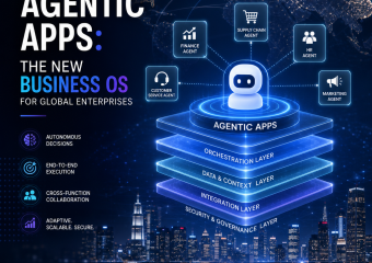 Illustration of agentic apps as a business OS coordinating tasks, decisions, and cross-functional work worldwide