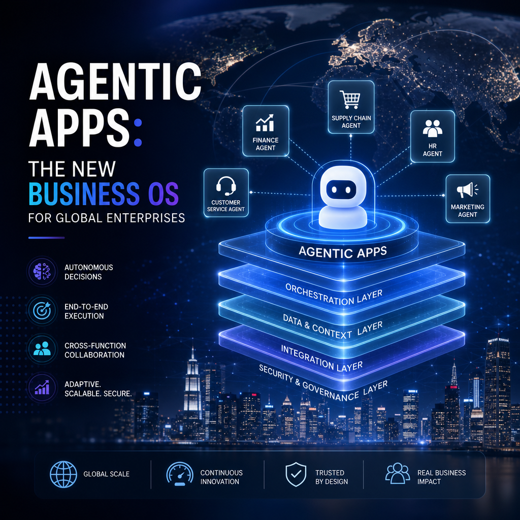 Illustration of agentic apps as a business OS coordinating tasks, decisions, and cross-functional work worldwide