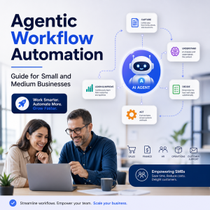 Illustration of AI agents automating business workflows to boost SME productivity and reduce manual work