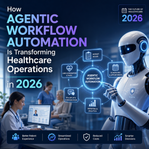 Futuristic healthcare operations dashboard showing agentic workflow automation streamlining tasks in 2026