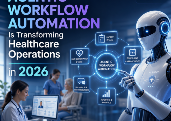 Futuristic healthcare operations dashboard showing agentic workflow automation streamlining tasks in 2026