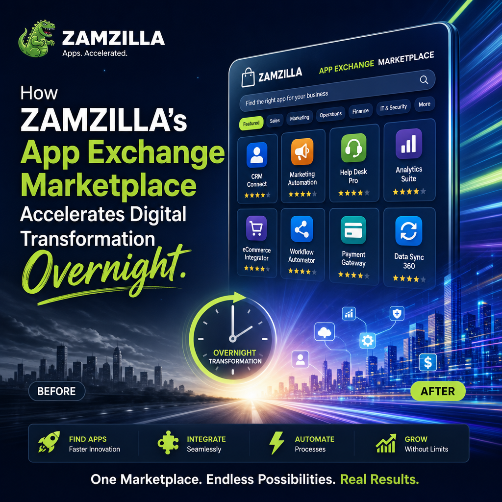 Illustration of ZAMZILLA App Exchange Marketplace integrating apps and automating digital transformation سریعly