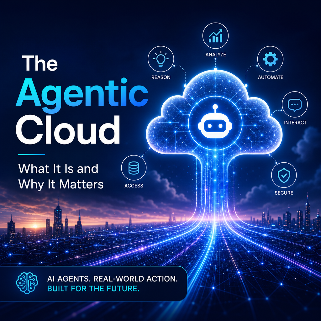 Illustration of Agentic Cloud with AI agents for reasoning, analysis, automation, interaction, access, and security