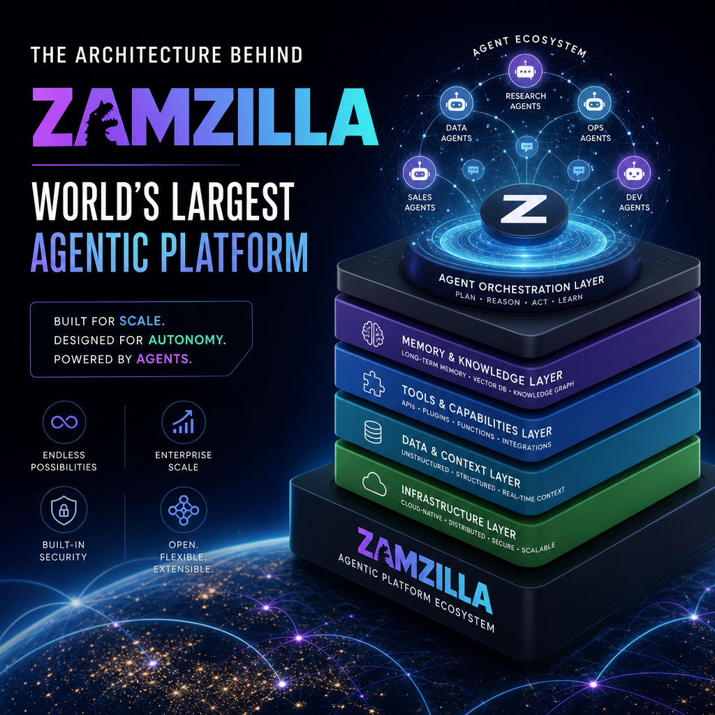 Infographic of ZAMZILLA’s layered agentic platform architecture for scale, autonomy, and security