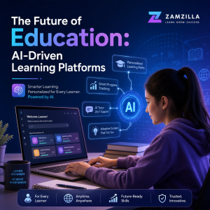 Futuristic AI-driven learning platform dashboard with personalized education analytics and student progress charts