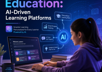 Futuristic AI-driven learning platform dashboard with personalized education analytics and student progress charts