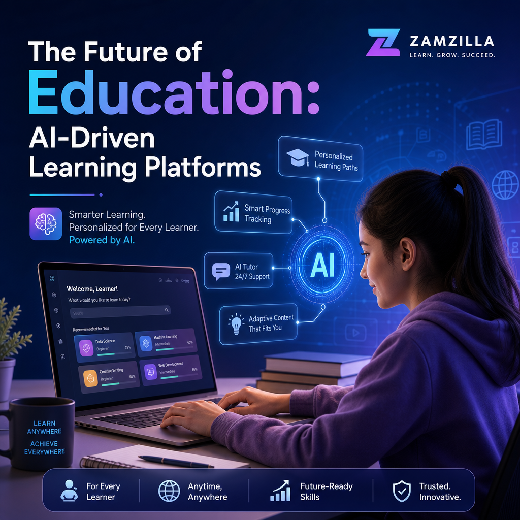 Futuristic AI-driven learning platform dashboard with personalized education analytics and student progress charts