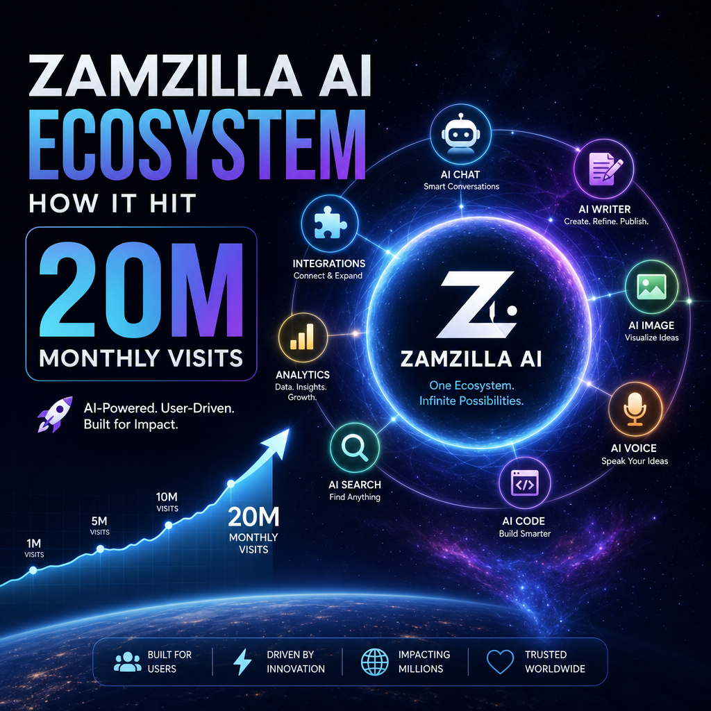 Zamzilla AI ecosystem overview showing 20M monthly visits and features for chat, writing, image, voice, search, code, analyti