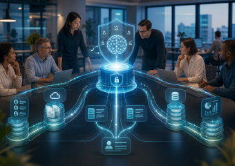 A team surrounds a glowing cybersecurity shield and networked brain, connecting user, document, cloud, database, and analytics icons