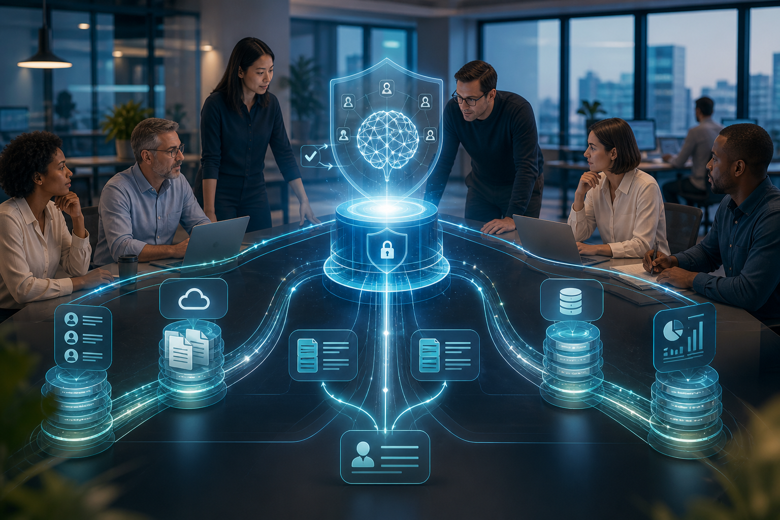 A team surrounds a glowing cybersecurity shield and networked brain, connecting user, document, cloud, database, and analytics icons
