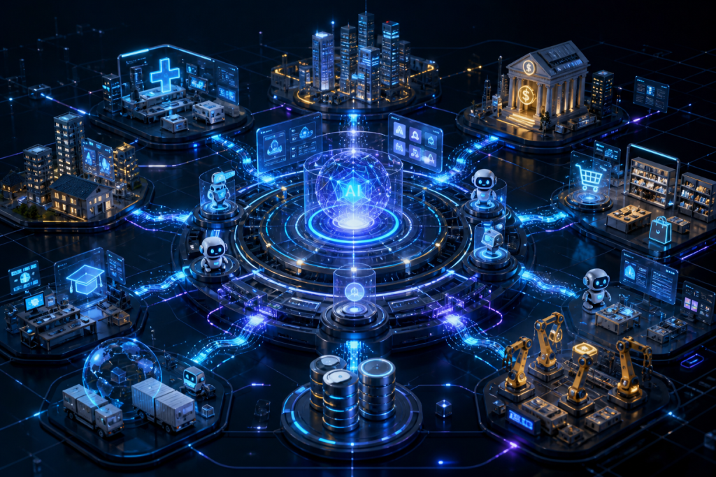 Futuristic AI hub connecting healthcare, finance, retail, education, logistics, data, and manufacturing