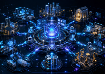 Futuristic AI hub connecting healthcare, finance, retail, education, logistics, data, and manufacturing