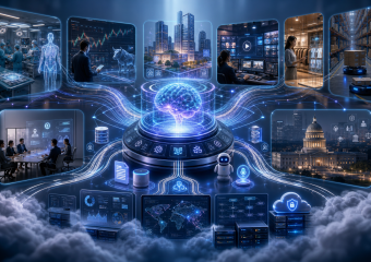 Futuristic AI network connecting healthcare, finance, cities, media, retail, logistics, government, and cloud computing