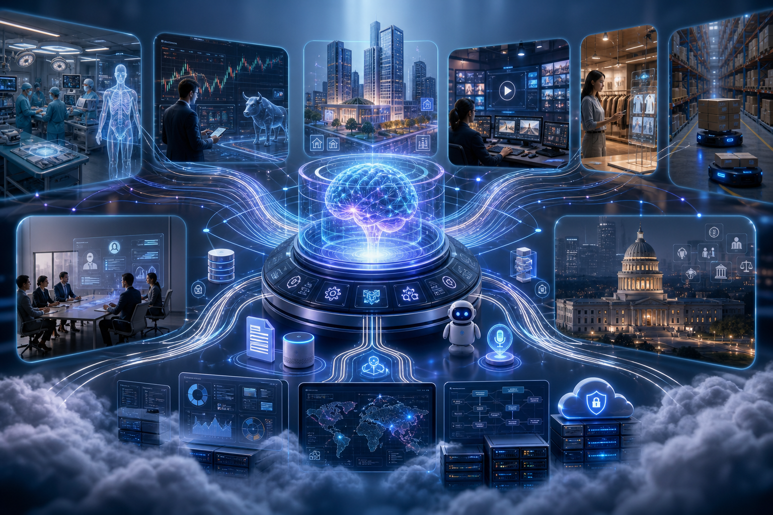 Futuristic AI network connecting healthcare, finance, cities, media, retail, logistics, government, and cloud computing