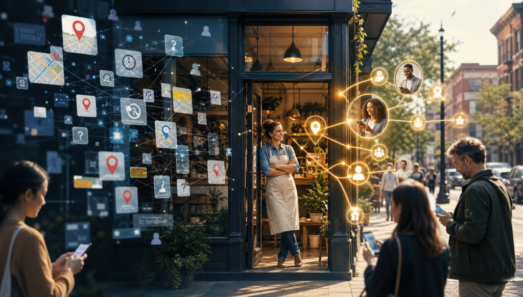 Local business storefront connected to nearby customers through digital maps, location pins, and online networks
