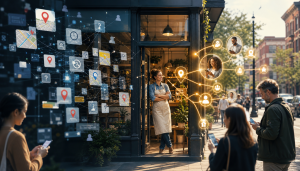 Local business storefront connected to nearby customers through digital maps, location pins, and online networks