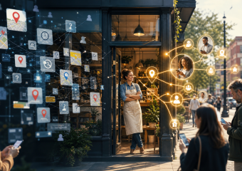 Local business storefront connected to nearby customers through digital maps, location pins, and online networks